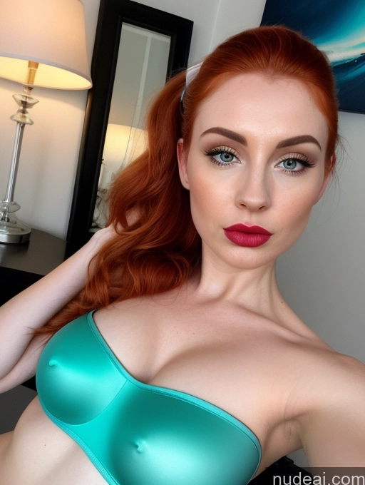 ai nude image of there is a woman in a green bra top posing for a picture pics of Woman One Small Tits Fairer Skin Lipstick Pubic Hair 30s Ginger Ponytail Surrealist Bedroom Front View Detailed Sexy Face Pouting Lips Dominatrix