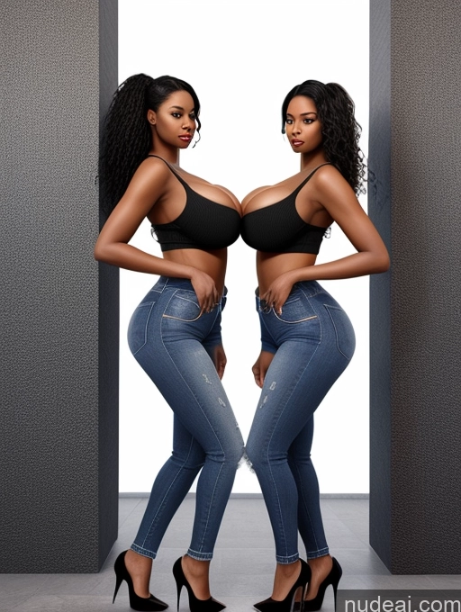 ai nude image of two women in jeans and high heels posing for a picture pics of Huge Boobs Perfect Boobs Big Ass Thick Big Hips Perfect Body 30s Sexy Face Black Hair Long Hair African 3d Properkissing Jeans High Heels Sweater Cleavage Detailed Two