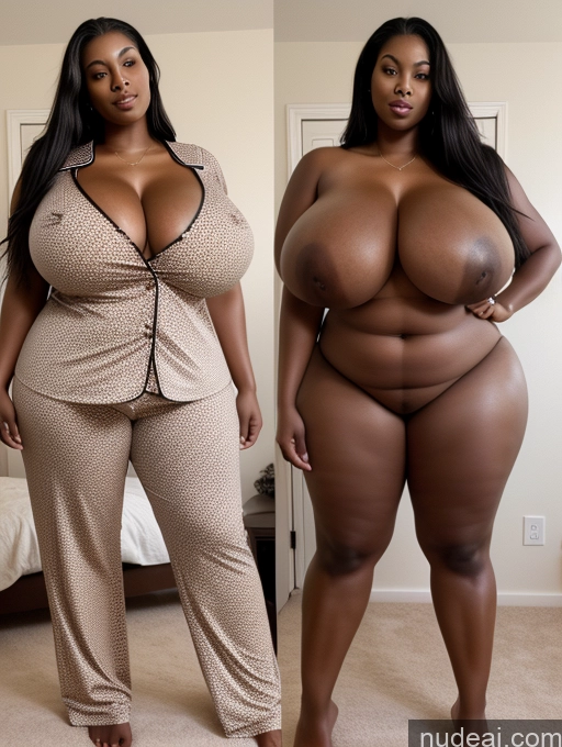 ai nude image of two women in matching outfits posing for a picture in a bedroom pics of Woman Perfect Boobs Huge Boobs Big Ass Thick Big Hips Perfect Body 30s Black Hair Long Hair Detailed African Sexy Face Film Photo Bedroom Pajamas Cleavage Simple Onoff