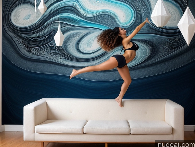 ai nude image of arafed woman in a bikini jumping on a couch in front of a wall mural pics of Perfect Boobs Small Ass Curly Hair 18 Brunette Brazilian Front View Detailed Cleavage One Couch Yoga Pants Surrealist Jumping Seductive