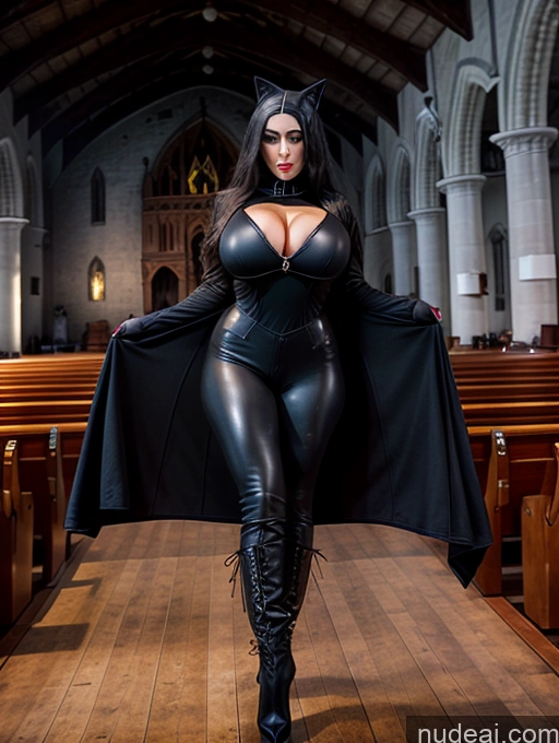 ai nude image of araffe dressed in a black cat suit and cape posing for a picture pics of One Busty Huge Boobs Perfect Boobs Muscular Big Ass Skinny Abs Big Hips 18 Seductive Brunette Swedish Boots Gloves Goth Vampire Diamond Jewelry Dark Lighting Sexy Face Scrunchbutt Leggings Superheroine Church