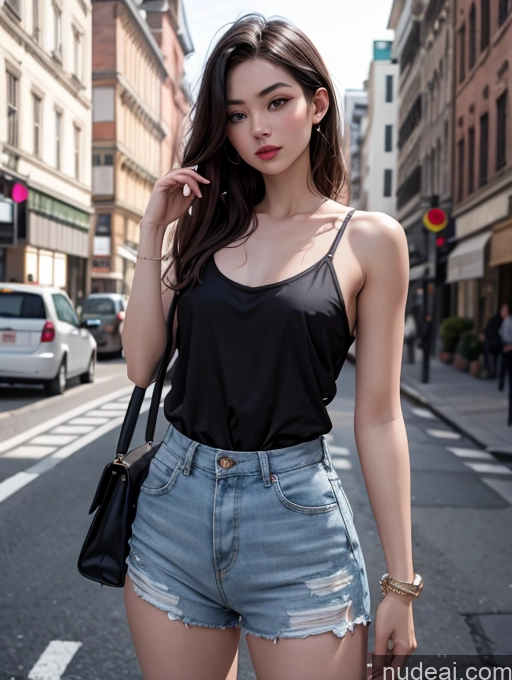 ai nude image of araffed woman in a black top and denim shorts posing for a picture pics of Woman One Beautiful Fairer Skin 18 Seductive Sexy Face Black Hair Asian Street Front View Casual