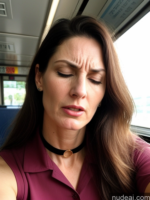 ai nude image of woman with eyes closed on a bus looking at her cell phone pics of Beautiful Long Legs Tall Perfect Body Fairer Skin Sad Serious Seductive Sexy Face Long Hair Hungarian 80s 90s Professor Teacher Angry Orgasm Sleeping Train Choker Milf 30s