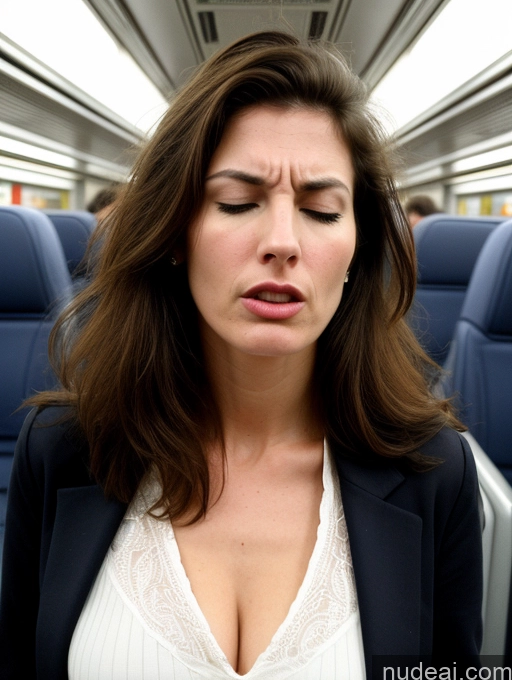 ai nude image of woman with closed eyes on a train looking at something pics of Beautiful Long Legs Tall Perfect Body Fairer Skin Sad Serious Seductive Sexy Face Long Hair Hungarian 80s 90s Professor Teacher Angry Orgasm Sleeping Train Jacket Woman 30s