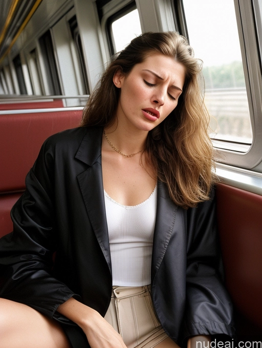 ai nude image of woman sitting on a train looking at her phone pics of Beautiful Long Legs Tall Perfect Body Fairer Skin Sad Serious Seductive Sexy Face Long Hair Hungarian 80s 90s Professor Teacher Angry Orgasm Sleeping Train Jacket Lingerie Model 18