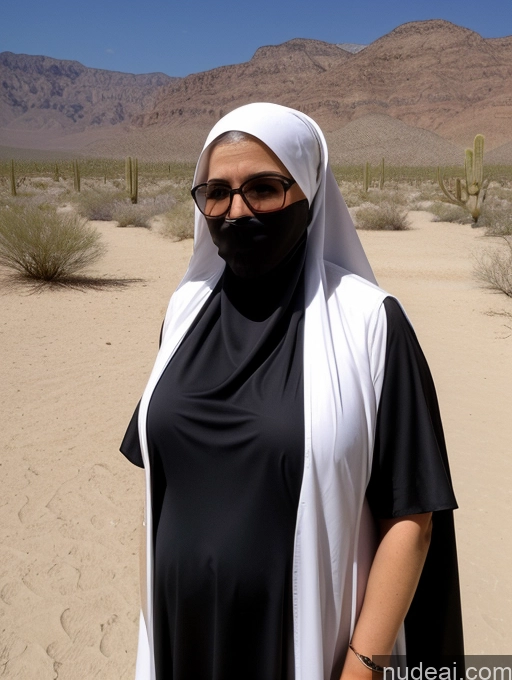 ai nude image of woman in black and white outfit standing in desert area with mountains in background pics of Huge Boobs Glasses Skinny Short 40s Milf Blonde Shocked Angry Pigtails Dress Traditional Pregnant Desert Niqab Nun Leather Jewish