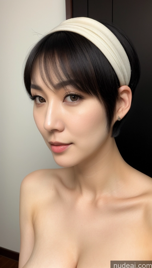 ai nude image of arafed asian woman with a headband posing for a picture pics of Woman One Beautiful Fairer Skin 30s Close-up View Detailed Simple Short Hair Perfect Boobs Korean Black Hair