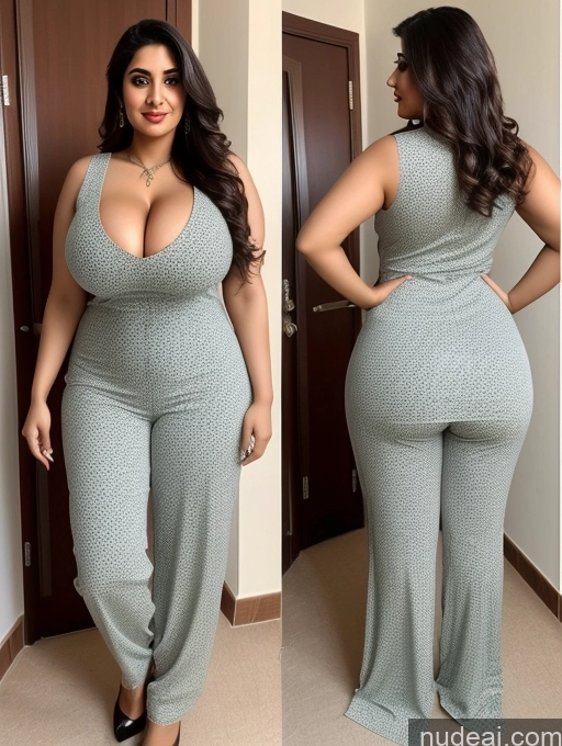 ai nude image of a woman in a grey jumpsuit and heels posing for a picture pics of One Huge Boobs Big Ass 20s Straight Cleavage Arabic Salwar