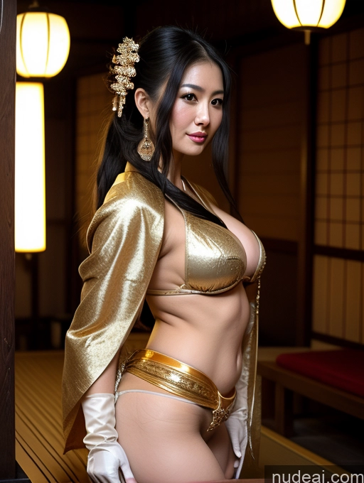 ai nude image of araffe woman in a gold outfit posing for a picture pics of Perfect Boobs Big Hips Oiled Body Perfect Body Black Hair Onsen Gloves Cleavage Jewelry Japanese Khorne Geisha Gold Jewelry Bright Lighting Transparent Sexy Face Fairer Skin 30s Ponytail Busty Sari