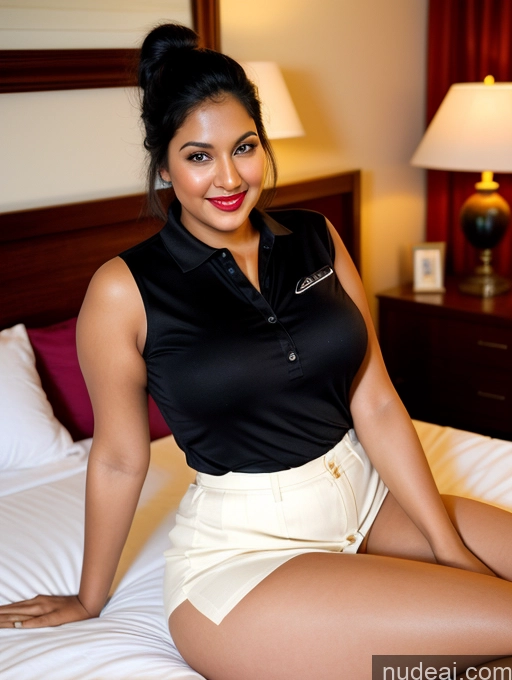 ai nude image of araffe woman in black shirt and white shorts sitting on a bed pics of Woman One Perfect Boobs Beautiful Lipstick Big Ass Chubby Long Legs Perfect Body 30s Happy Seductive Black Hair Ponytail Indian Bedroom Spreading Legs Long Skirt Polo Shirt Sexy Face Abs