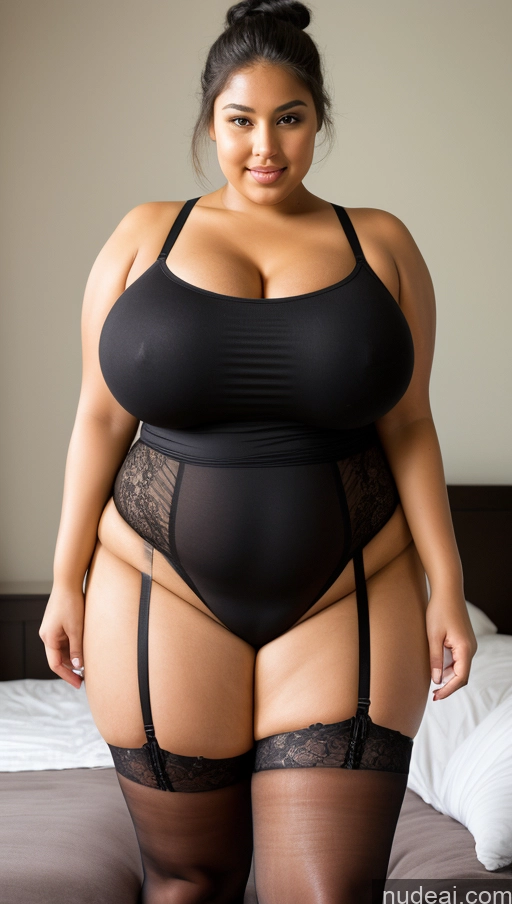 ai nude image of araffe woman in black lingerie posing on bed with stockings pics of Woman Busty Huge Boobs Perfect Boobs Beautiful Big Ass Thick Chubby Fat Big Hips Short Perfect Body Tanned Skin 18 Black Hair Pubic Hair Dark Skin Bedroom Hair Bun Stockings Suspender Belt Thong