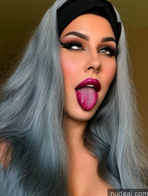 ai nude image of a close up of a woman with long gray hair and a black headband pics of One Beautiful Lipstick Chubby Perfect Boobs Long Hair Brunette Orgasm Ahegao Laughing 30s Fairer Skin Cleavage Detailed Niqab Big Hips Big Ass Model Last