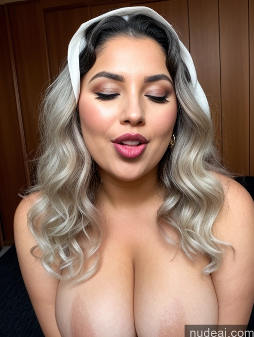 ai nude image of a close up of a woman with a white head scarf on her head pics of One Beautiful Lipstick Chubby Perfect Boobs Orgasm Ahegao Laughing Cleavage Detailed Niqab Big Hips Big Ass Model Curly Hair White Hair 60s