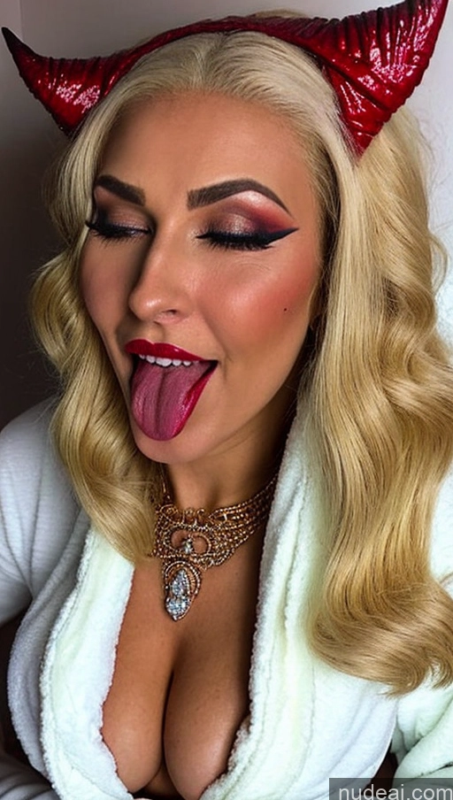 ai nude image of blond woman with red horns and a red lip sticking out her tongue pics of Beautiful Lipstick Big Ass Thick Big Hips Laughing Orgasm Seductive Ahegao EdgOrgasm Last Sexy Face Milf Skin Detail (beta) Jewelry Detailed Devil Bobcut Blonde Vampire 30s Perfect Boobs Cumshot Bathrobe