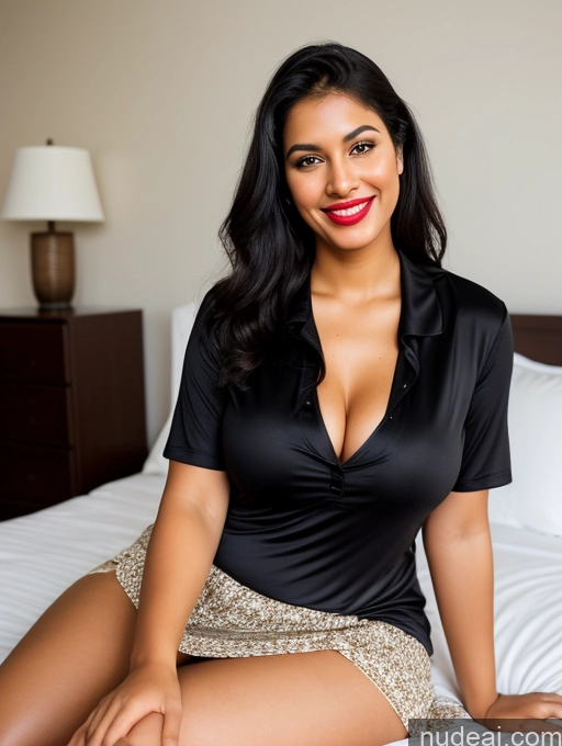 ai nude image of there is a woman sitting on a bed with a black shirt pics of Woman One Perfect Boobs Beautiful Lipstick Big Ass Chubby Long Legs Perfect Body 30s Happy Seductive Black Hair Ponytail Indian Bedroom Long Skirt Polo Shirt Sexy Face Abs Nightgown