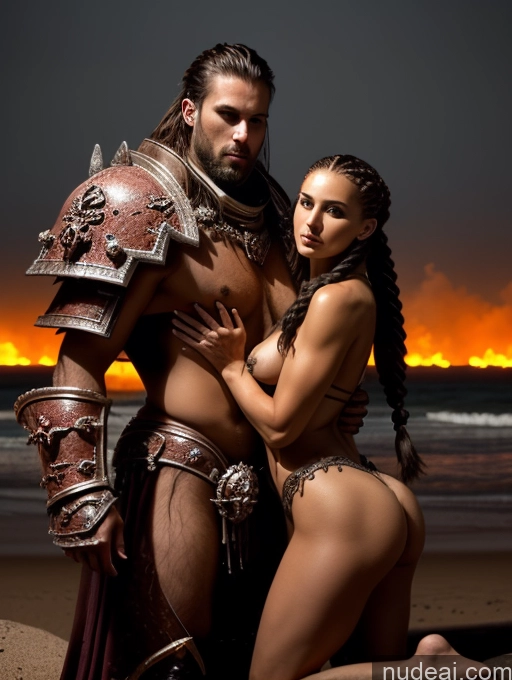 ai nude image of arafed woman in a bikini and a man in armor on the beach pics of Woman + Man Muscular Abs Long Legs Perfect Body 20s Braided Nude Detailed Sexy Face Khorne Death Knight Hell Complete Nude Surrealist Small Tits Small Ass Pubic Hair Brunette Czech Bright Lighting One