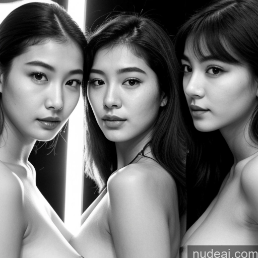 ai nude image of three asian women are posing for a black and white photo pics of Beautiful Lipstick Small Ass Fairer Skin 18 Sad Black Hair Long Hair Korean Mirror Selfie Strip Club Front View T-pose Nude Diamond Jewelry Bright Lighting Detailed Sorority Small Tits