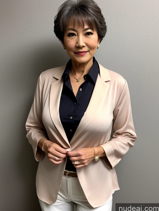 ai nude image of there is a woman in a tan jacket and black shirt pics of Milf Perfect Boobs Beautiful Perfect Body Pubic Hair 70s Pixie Japanese Nude Blouse Casual Professor Shirt Stylish Suit Cleavage Dark Lighting Detailed