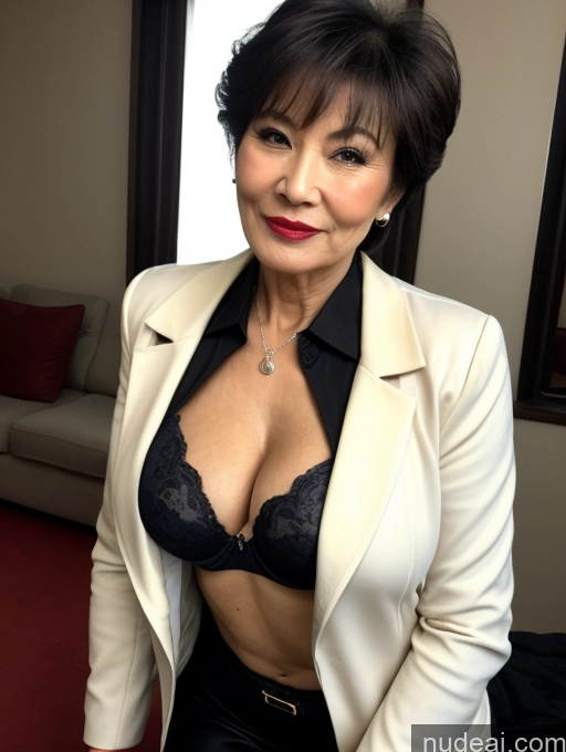 ai nude image of there is a woman in a black bra top and white jacket pics of Milf Perfect Boobs Beautiful Lipstick Perfect Body Pubic Hair 70s Pixie Chinese Party Bra Jacket Professor Stylish Suit Cleavage Dark Lighting Detailed Sexy Face