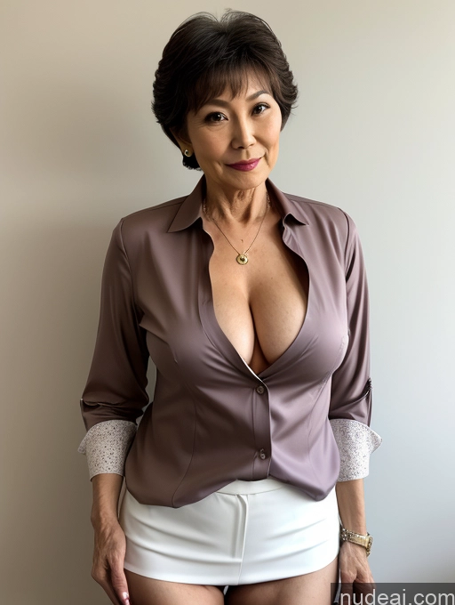 ai nude image of there is a woman in a brown shirt and white shorts posing for a picture pics of Milf Perfect Boobs Beautiful Perfect Body Pubic Hair 70s Pixie Japanese Nude Blouse Casual Professor Shirt Stylish Suit Cleavage Dark Lighting Detailed