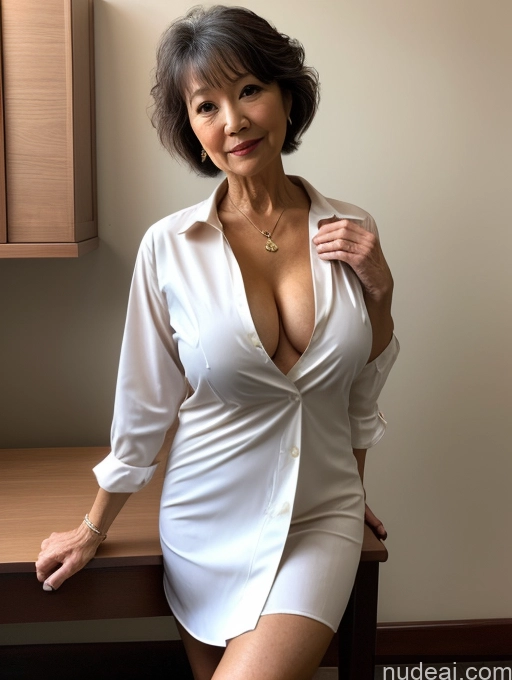 ai nude image of there is a woman in a white shirt posing for a picture pics of Milf Perfect Boobs Beautiful Perfect Body Pubic Hair 70s Pixie Japanese Nude Blouse Casual Professor Shirt Stylish Suit Cleavage Dark Lighting Detailed