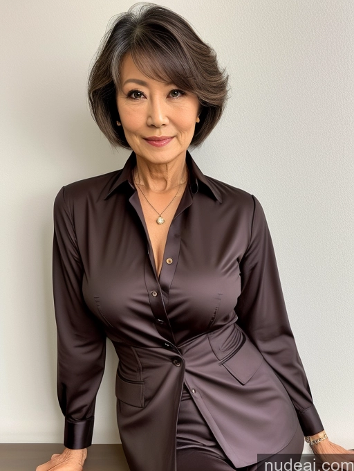 ai nude image of arafed woman in a brown shirt and black pants posing for a picture pics of Milf Perfect Boobs Beautiful Perfect Body Pubic Hair 70s Pixie Japanese Nude Blouse Casual Professor Shirt Stylish Suit Cleavage Dark Lighting Detailed