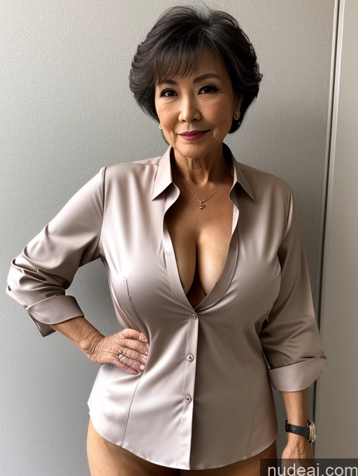 ai nude image of there is a woman in a tan shirt posing for a picture pics of Milf Perfect Boobs Beautiful Perfect Body Pubic Hair 70s Pixie Japanese Nude Blouse Casual Professor Shirt Stylish Suit Cleavage Dark Lighting Detailed