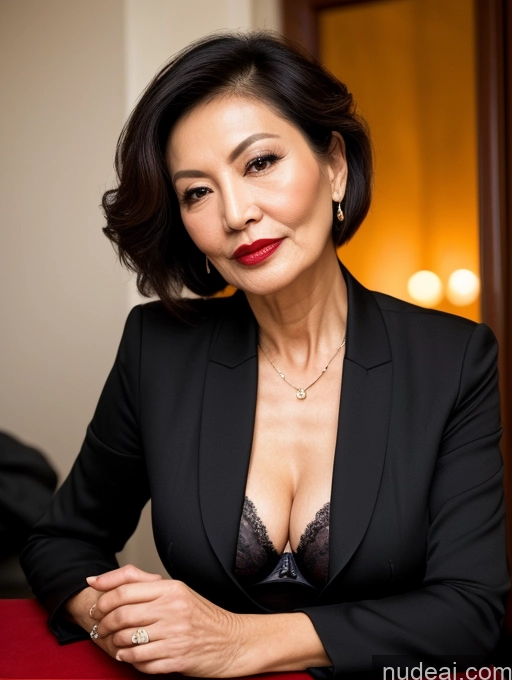 ai nude image of arafed woman in a black jacket and red dress sitting at a table pics of Milf Perfect Boobs Beautiful Lipstick Perfect Body Pubic Hair 70s Pixie Chinese Party Bra Jacket Professor Stylish Suit Cleavage Dark Lighting Detailed Sexy Face