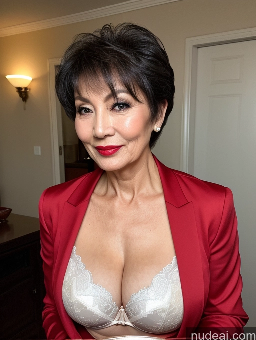 ai nude image of there is a woman in a red jacket holding a plate of food pics of Milf Perfect Boobs Beautiful Lipstick Perfect Body Pubic Hair 70s Pixie Chinese Party Bra Jacket Professor Stylish Suit Cleavage Dark Lighting Detailed Sexy Face