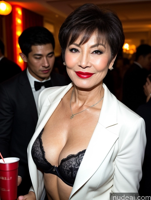 ai nude image of there is a woman in a white suit and a red cup pics of Milf Perfect Boobs Beautiful Lipstick Perfect Body Pubic Hair 70s Pixie Chinese Party Bra Jacket Professor Stylish Suit Cleavage Dark Lighting Detailed Sexy Face