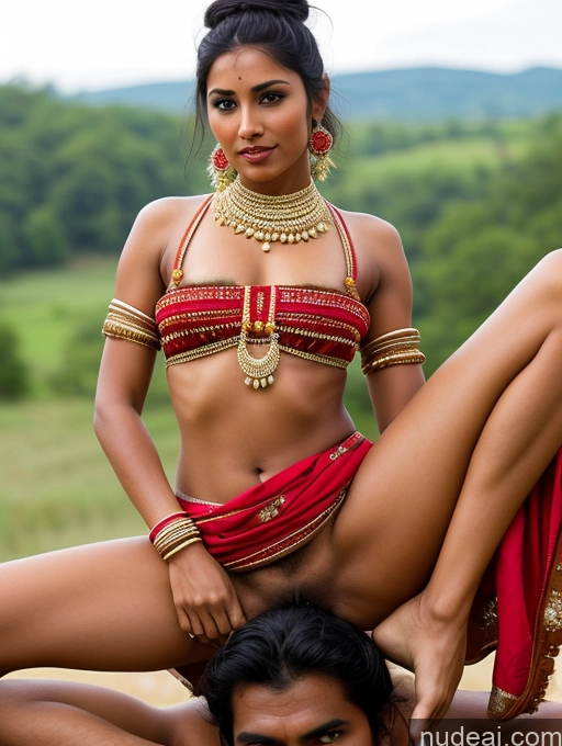 ai nude image of arafed woman in a red sari is sitting on a man's back pics of Woman Short Black Hair Indian Pubic Hair Sexy Face Tanned Skin Traditional Hair Bun Straddling