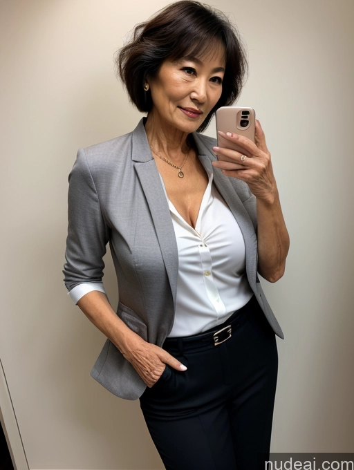 ai nude image of there is a woman taking a selfie in a mirror pics of Milf Perfect Boobs Beautiful Perfect Body Pubic Hair 70s Pixie Japanese Nude Blouse Casual Professor Shirt Stylish Suit Cleavage Dark Lighting Detailed