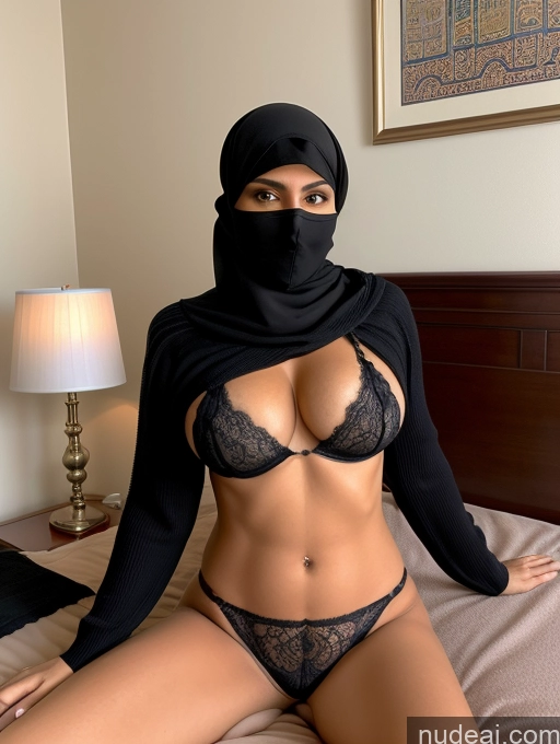 ai nude image of araffe wearing a black scarf and a black bra pics of Milf Perfect Boobs Beautiful Perfect Body Pubic Hair Arabic Bedroom Spreading Legs Nude Bra Niqab Sweater Cleavage Partially Nude Detailed 40s