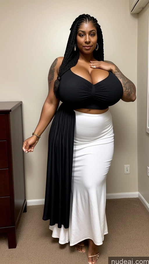 ai nude image of there is a woman in a black and white dress posing for a picture pics of Milf Busty Huge Boobs Beautiful Tattoos Big Ass Big Hips Tall Dark Skin Seductive Indian T-pose Sexy Face Thick Braided Muscular Abs 30s Black Hair Front View Blouse Long Skirt Bedroom