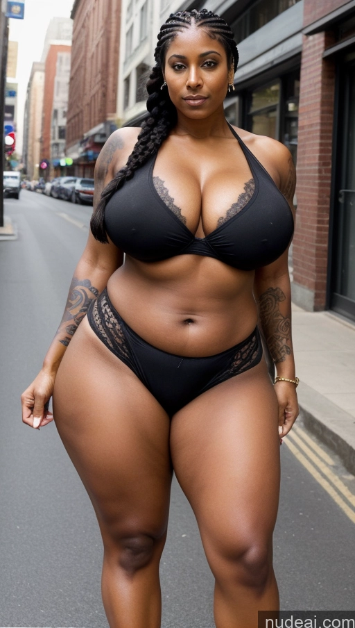 ai nude image of arafed woman in a black bikini and black panties standing on a street pics of Milf Busty Huge Boobs Beautiful Tattoos Big Ass Big Hips Tall Dark Skin Seductive Indian T-pose Sexy Face Thick Braided Muscular Abs 30s Black Hair Close-up View Police Street