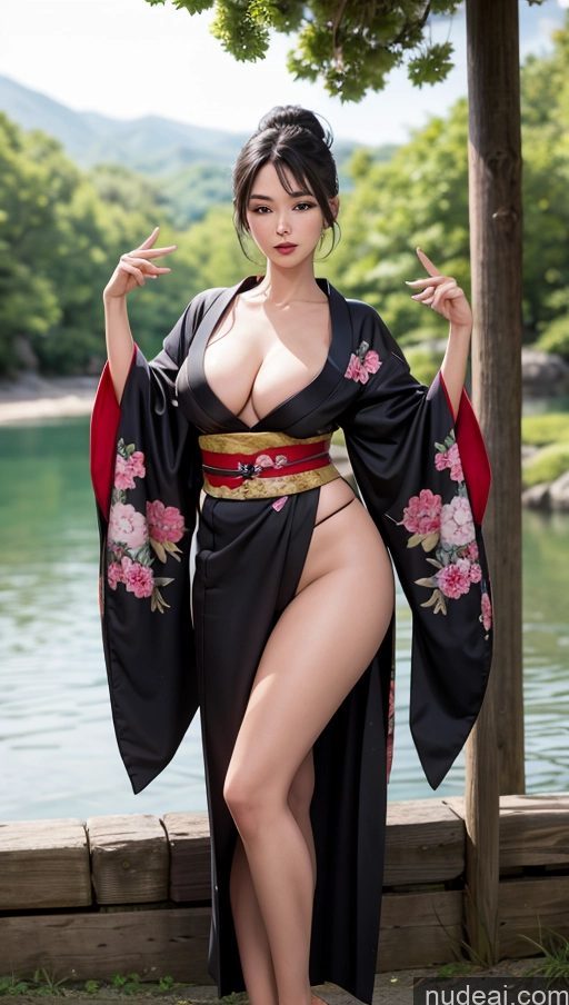 ai nude image of araffe asian woman in a kimono posing for a picture pics of One Thick Big Hips Long Legs Pubic Hair Seductive Black Hair Straight Japanese Front View T-pose Kimono Cleavage Lake Big Ass 30s Beautiful Detailed Milf