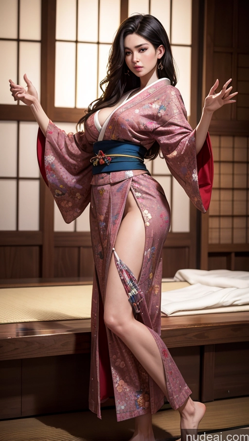 ai nude image of araffe woman in a kimono dress posing for a picture pics of One Thick Big Hips Long Legs Seductive Black Hair Japanese Front View T-pose Kimono Big Ass Milf Onsen Fairer Skin Chubby Tall Long Hair Detailed 40s Skin Detail (beta)