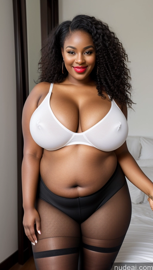 ai nude image of there is a woman in a white bra top and black panties pics of Fairer Skin 18 Happy Front View Busty Huge Boobs Lipstick Big Ass Thick Chubby Fat Big Hips Short Pubic Hair Bedroom Transparent Crop Top Fishnet African Long Hair High Heels