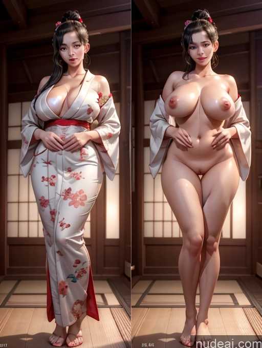 ai nude image of two pictures of a woman in a kimono dress posing naked pics of Milf One Big Hips Long Legs Tall 30s Seductive Black Hair Japanese Onsen Front View T-pose Kimono Onoff Detailed Cleavage Thick Chubby 3d