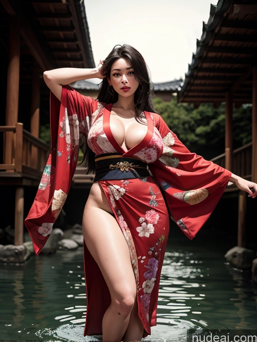 ai nude image of araffe woman in a red kimono standing in a body of water pics of Milf One Big Hips Long Legs Tall 30s Seductive Black Hair Japanese Onsen Front View T-pose Kimono Cleavage Chubby Dark Fantasy Long Hair Simple