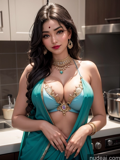 ai nude image of araffed woman in a blue sari posing in a kitchen pics of Woman One Busty Lipstick Chubby Perfect Body 20s Happy Black Hair Long Hair Indian Skin Detail (beta) Kitchen Sari Cleavage Diamond Jewelry Detailed