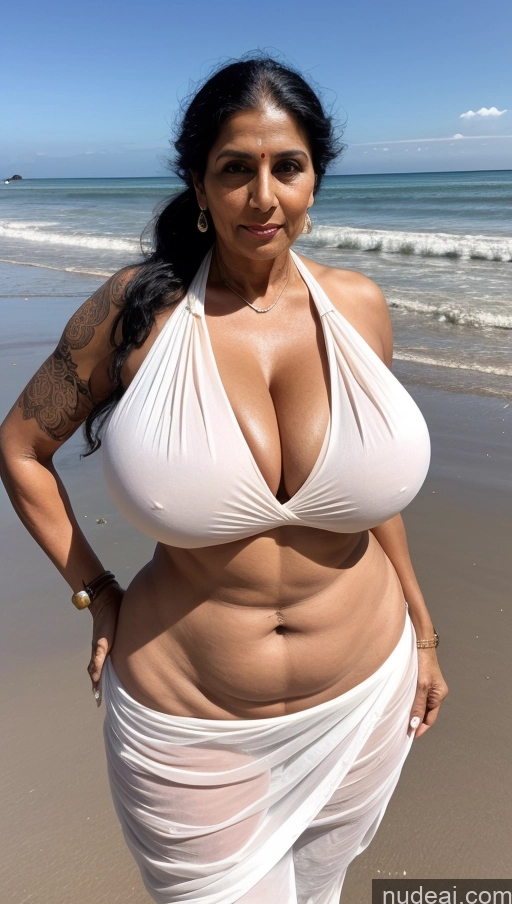 ai nude image of arafed woman in a white bikini posing on the beach pics of Milf Busty Huge Boobs Beautiful Tattoos Big Ass Tall Dark Skin Seductive Sexy Face Indian Abs Muscular 60s Beach T-pose Black Hair Thick Big Hips Blouse Sari Front View Ponytail