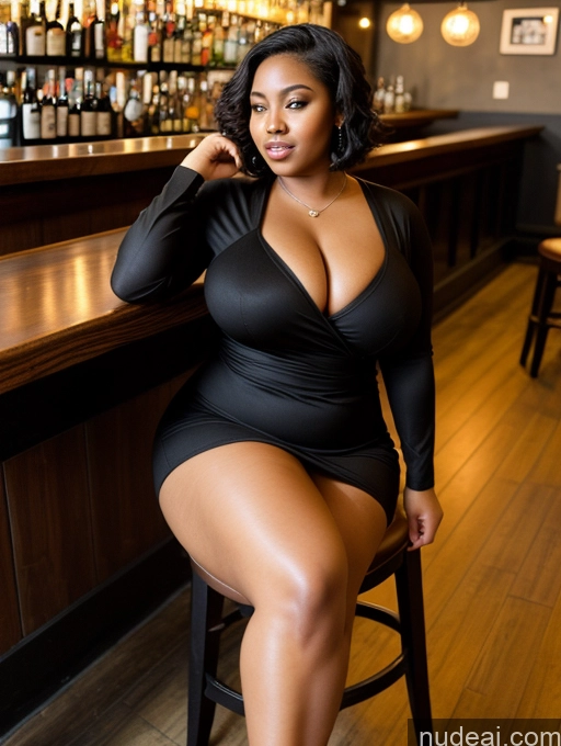 ai nude image of araffe woman in a black dress sitting at a bar pics of 18 Sexy Face Black Hair Busty Chubby Big Hips Big Ass Pubic Hair African Beer Belly Short Hair Bar Dress Casual Pantyhose High Heels