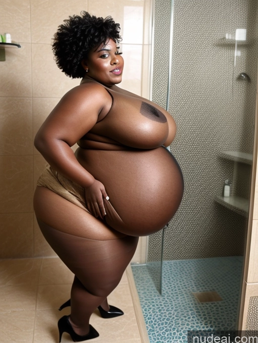 ai nude image of araffe woman in a tan dress standing in a shower pics of Busty Huge Boobs Big Ass Chubby Big Hips Short Pubic Hair 18 Black Hair Pixie African High Heels Pantyhose Sexy Face Obese Pregnant Shower