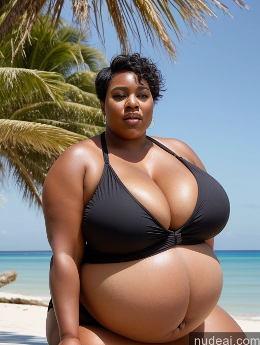 ai nude image of araffe woman in a black bikini sitting on a beach pics of Busty Huge Boobs Big Ass Chubby Big Hips Short Pubic Hair 40s Black Hair Pixie African Beach Sexy Face Obese Pregnant One Piece Swimsuit