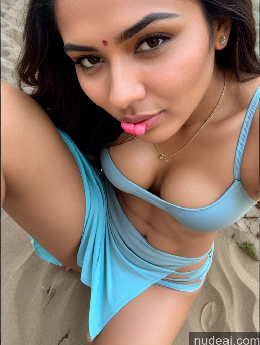 ai nude image of arafed woman in a blue top and a pink lip sticking out of her mouth pics of Woman Perfect Boobs Oiled Body 18 Pouting Lips Seductive Indian Beach Blowjob Apron Crop Top High Socks Micro Skirt Sari Yoga Pants Partially Nude