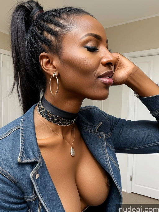 ai nude image of arafed woman with a denim jacket and a choker pics of Woman Small Tits Skinny Orgasm Ponytail Front View Cumshot Jacket Jewelry Choker African 50s Jeans