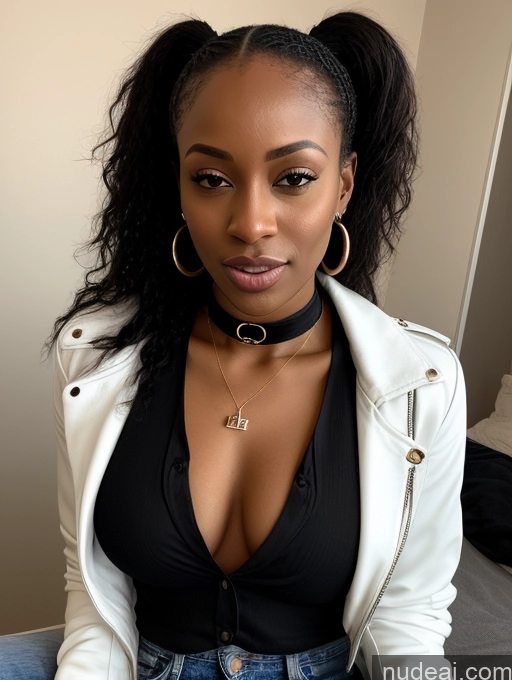 ai nude image of there is a woman with a black top and a white jacket pics of Woman Small Tits Skinny Orgasm Ponytail Front View Cumshot Jacket Jewelry Choker African Jeans 20s