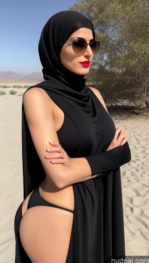 ai nude image of araffe wearing a black dress and a black scarf on a beach pics of Woman One Small Tits Sunglasses Lipstick Small Ass Abs Tall Fairer Skin 20s Black Hair Indian Long Hair Niqab