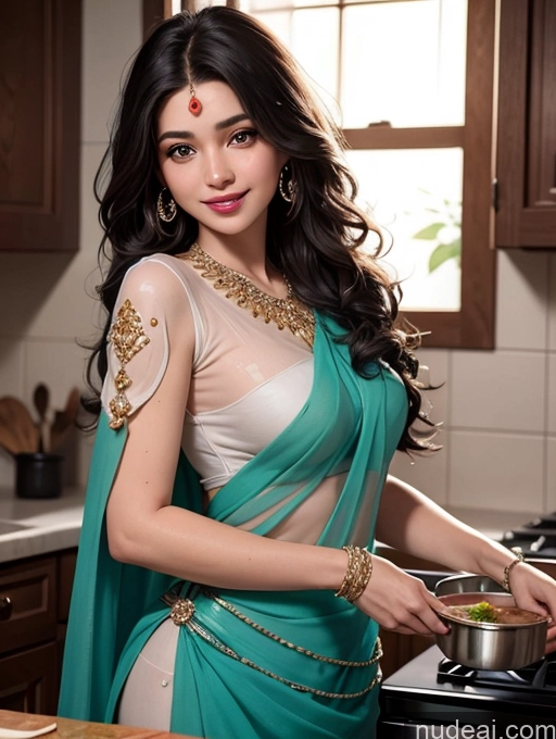 ai nude image of araffe woman in a sari preparing food in a kitchen pics of Woman Busty Perfect Body Happy Black Hair Long Hair Indian Skin Detail (beta) Kitchen Cooking Sari Transparent Jewelry Detailed